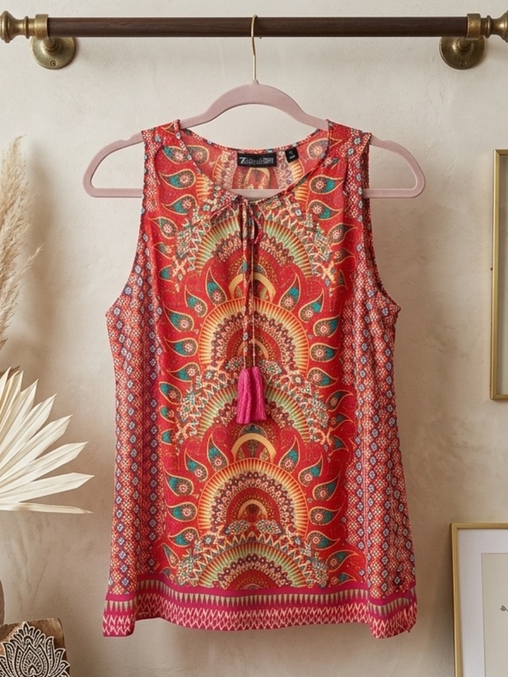 NY&Co. Sleeveless Coral Bohemian Print Shell Top with Tassel